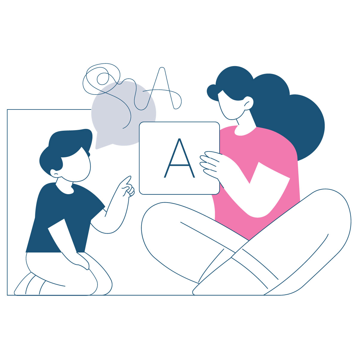 Connect Speech & Language. Illustration of child and adult female working on speech.